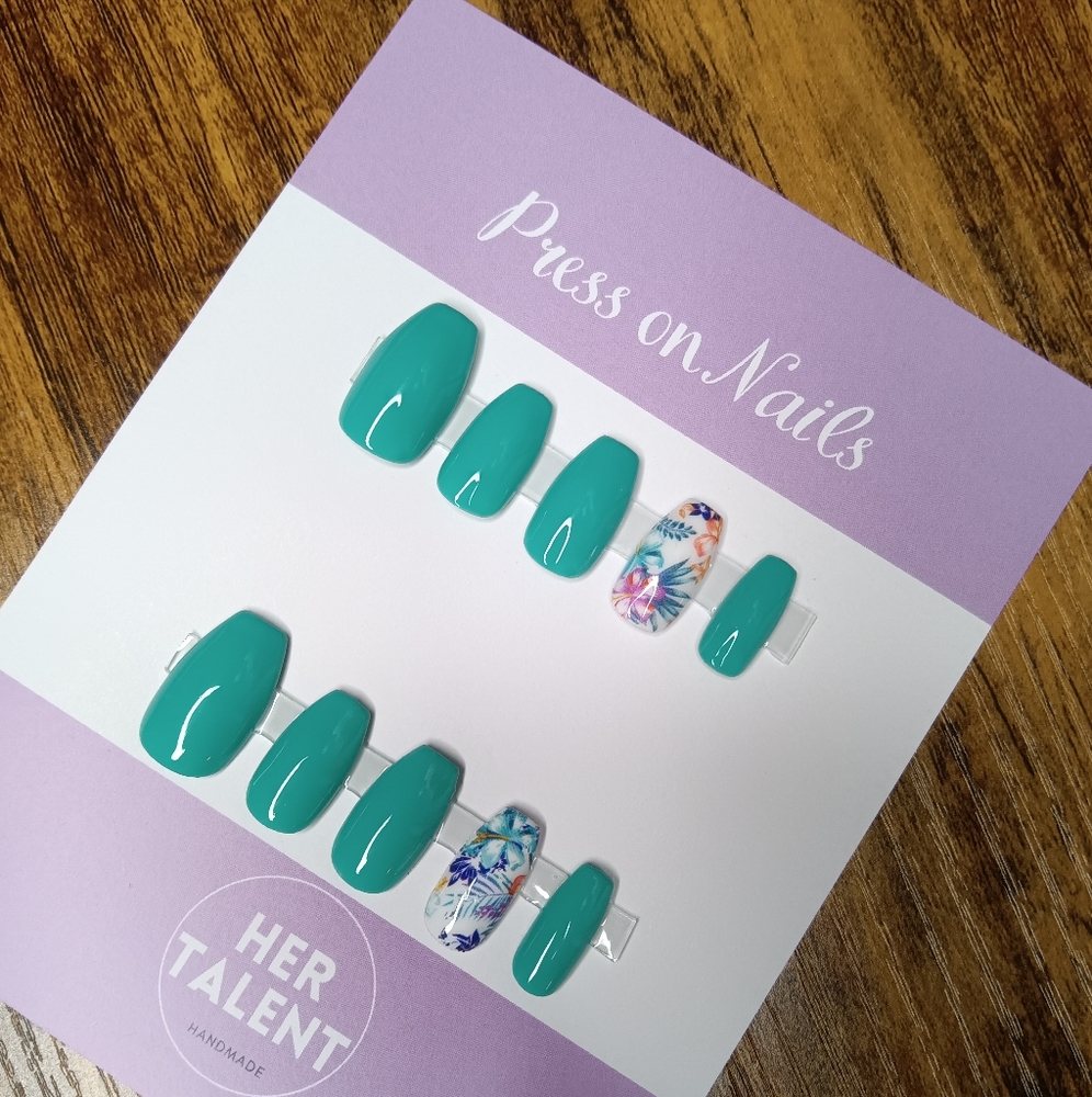 Teal floral press on nails